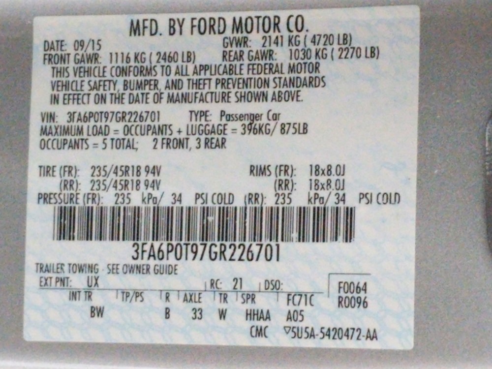 2016 Ford Fusion - VIN Plate