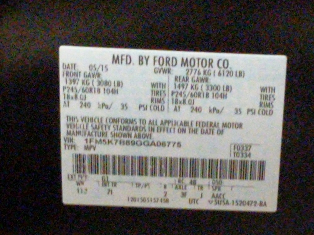 2016 Ford Explorer - VIN Plate