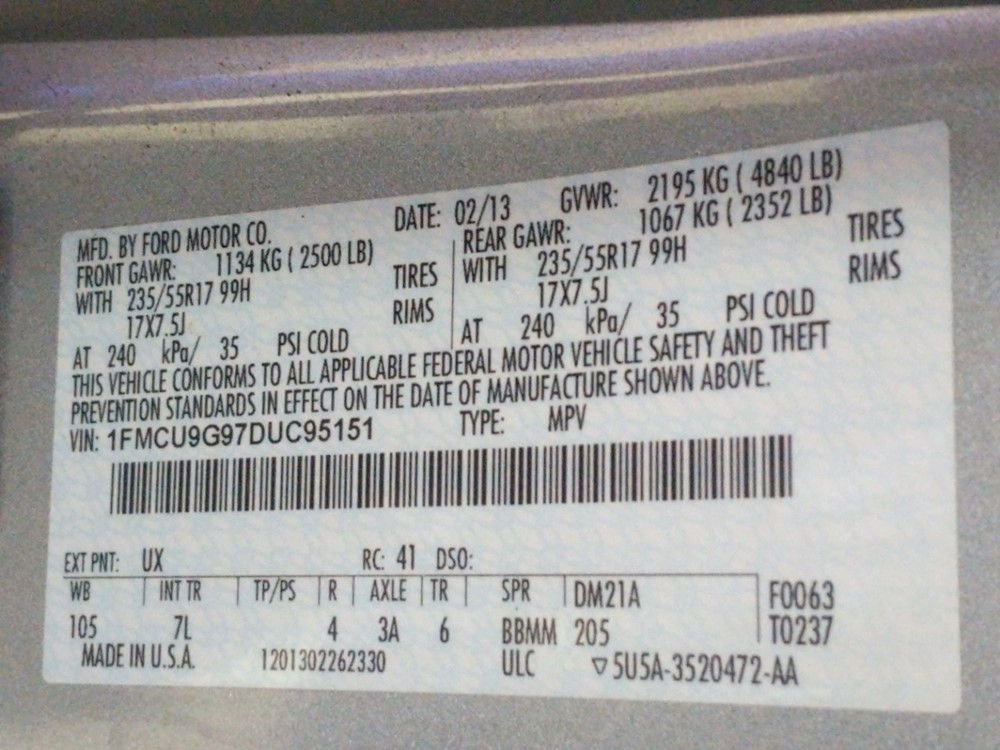 2013 Ford Escape - VIN Plate