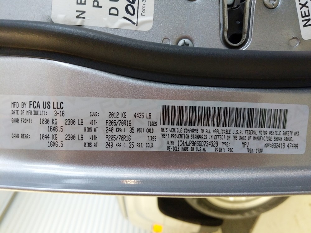 2016 Jeep Patriot - VIN Plate