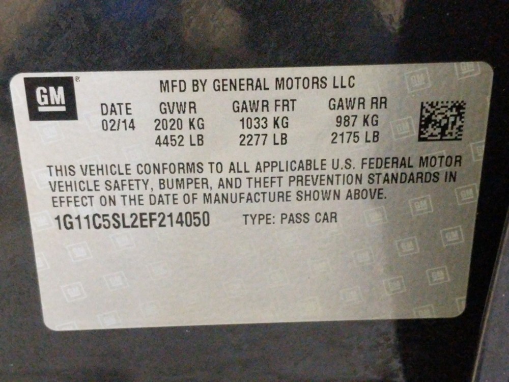 2014 Chevrolet Malibu - VIN Plate