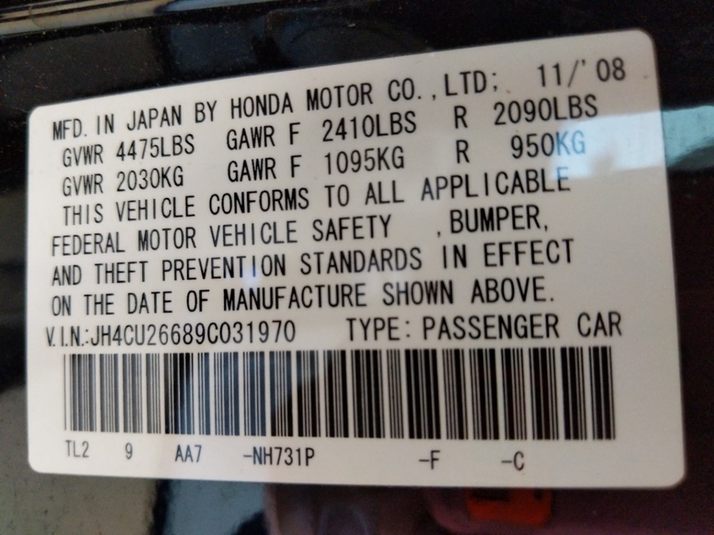 2009 Acura TSX - VIN Plate