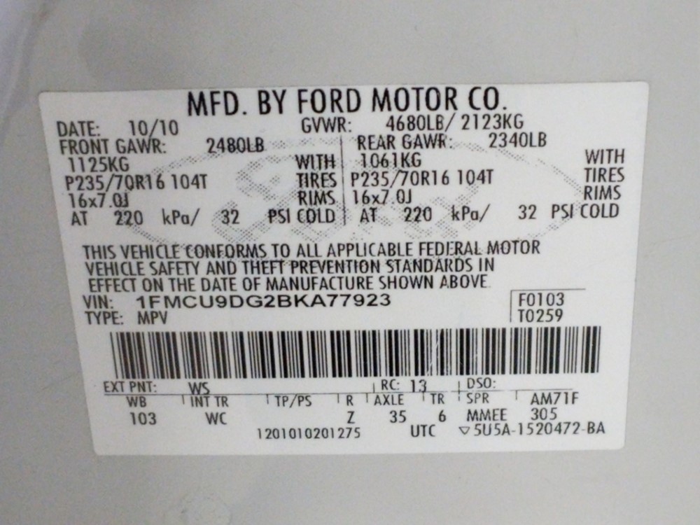 2011 Ford Escape - VIN Plate