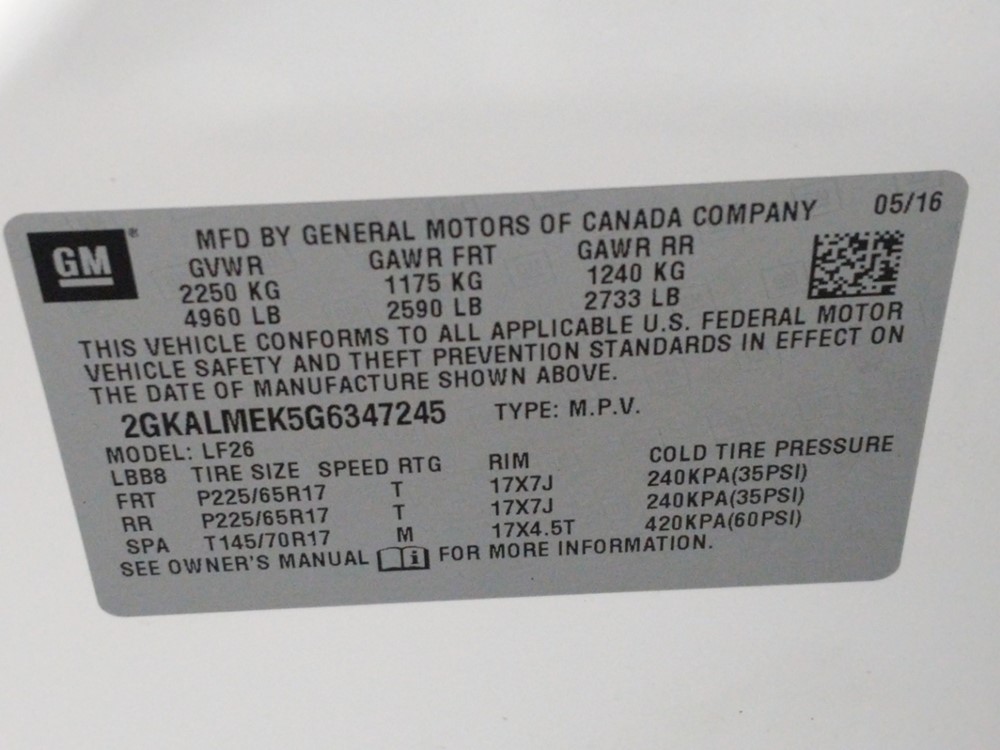 2016 GMC Terrain - VIN Plate