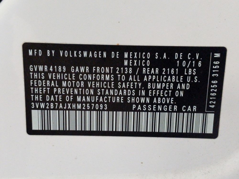 2017 Volkswagen Jetta - VIN Plate