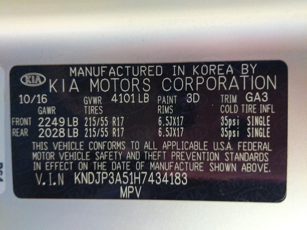 2017 Kia Soul - VIN Plate