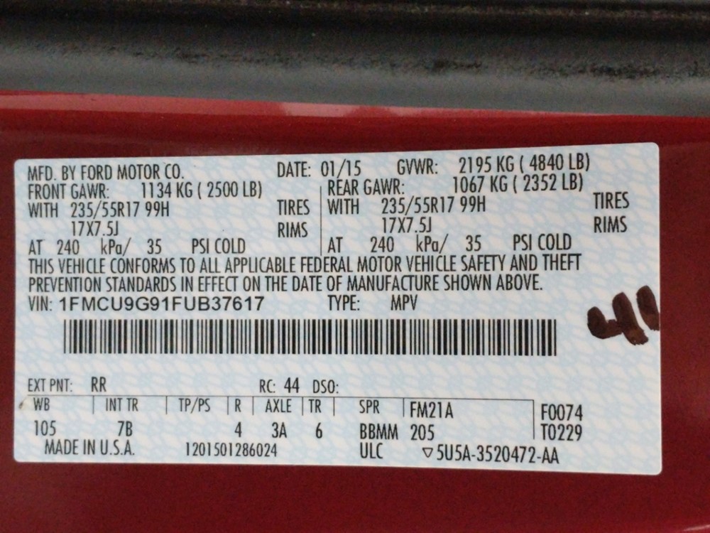 2015 Ford Escape - VIN Plate