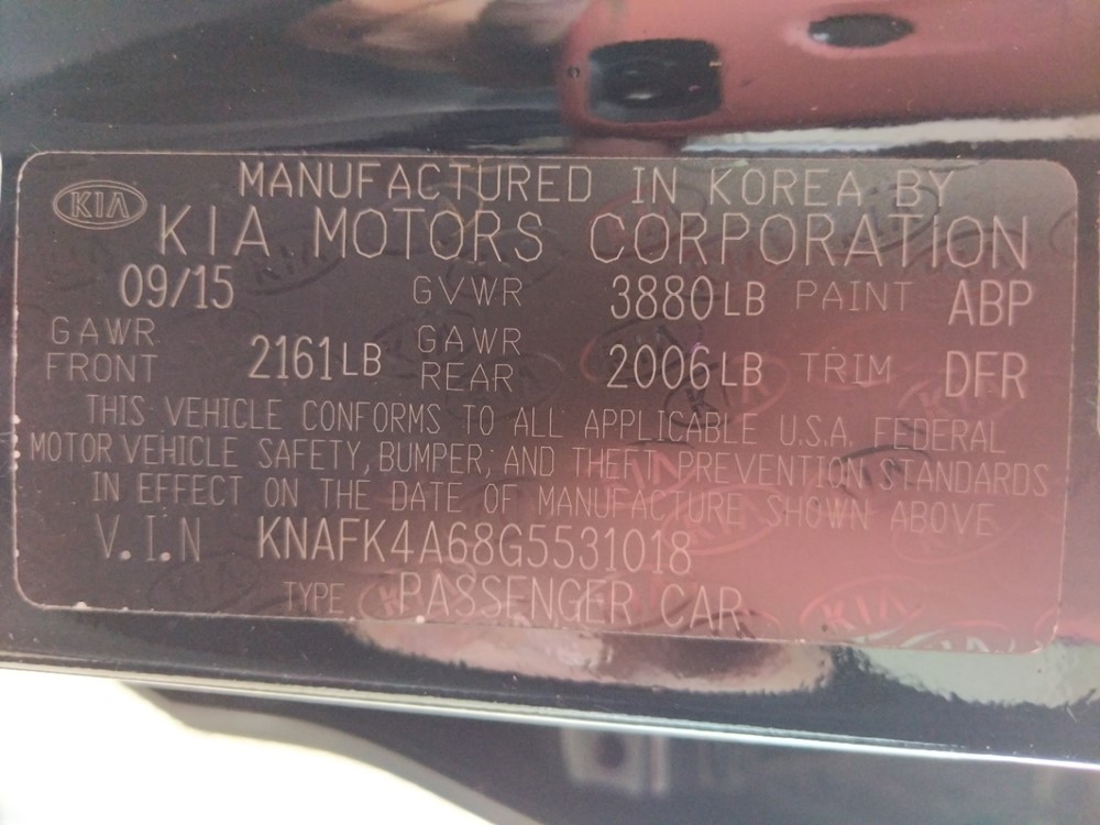 2016 Kia Forte - VIN Plate