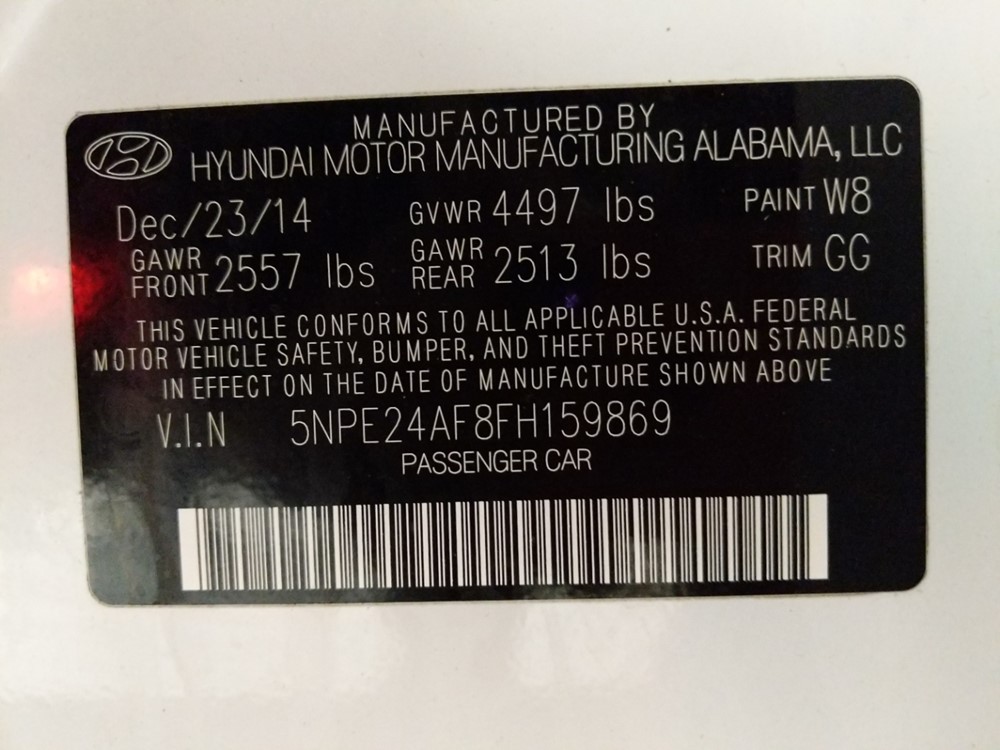 2015 Hyundai Sonata - VIN Plate