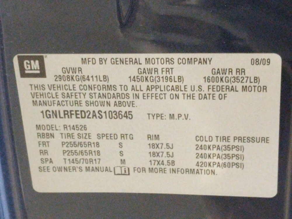 2010 Chevrolet Traverse - VIN Plate