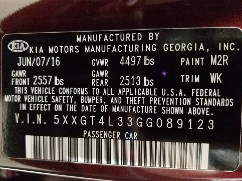 2016 Kia Optima - VIN Plate