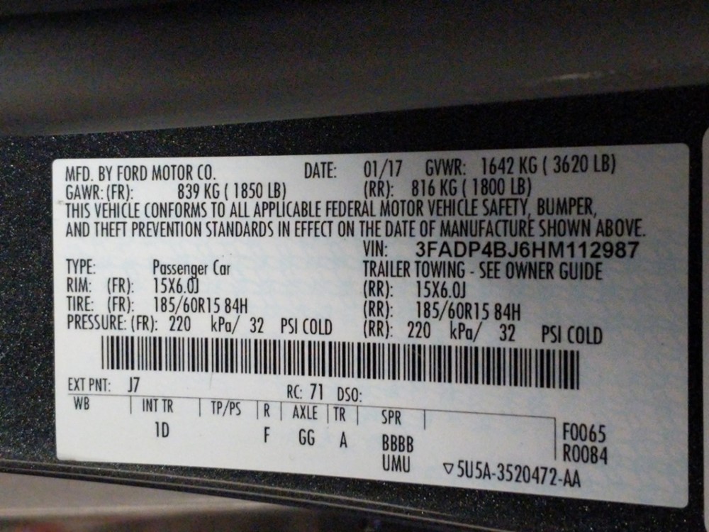 2017 Ford Fiesta - VIN Plate