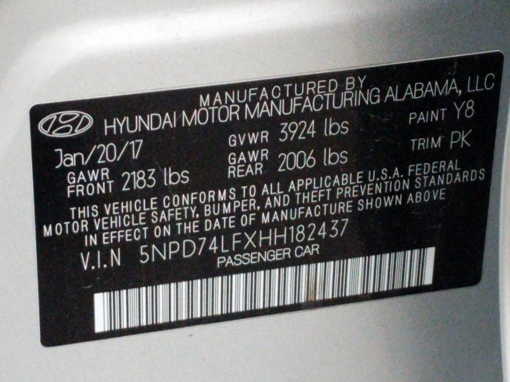 2017 Hyundai Elantra - VIN Plate