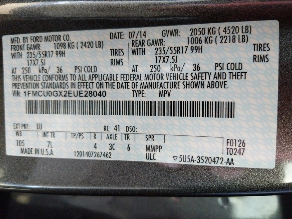 2014 Ford Escape - VIN Plate