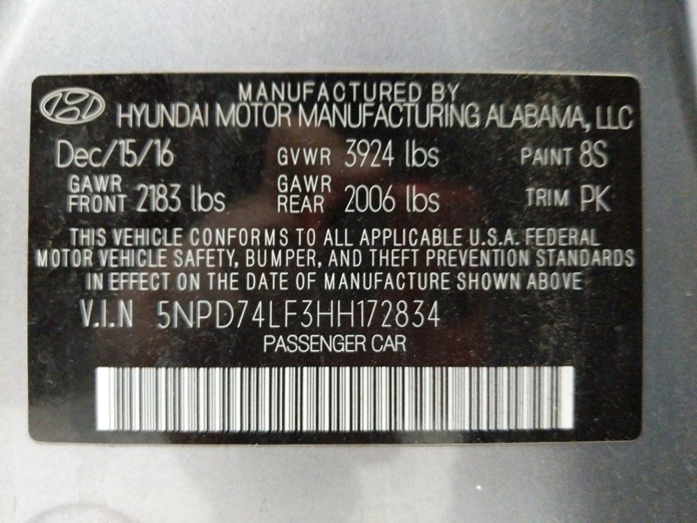 2017 Hyundai Elantra - VIN Plate