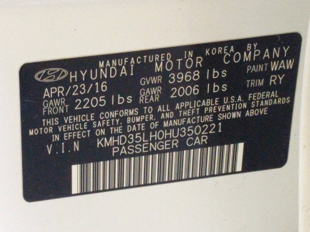 2017 Hyundai Elantra - VIN Plate