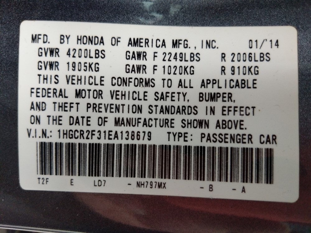 2014 Honda Accord - VIN Plate