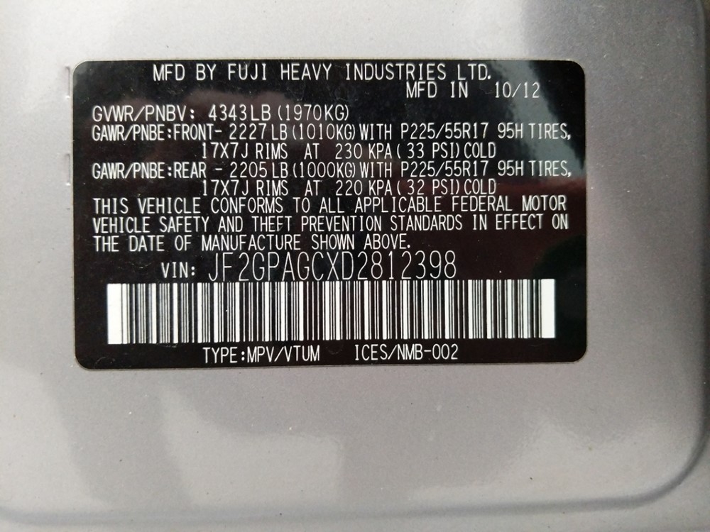 2013 Subaru XV Crosstrek - VIN Plate