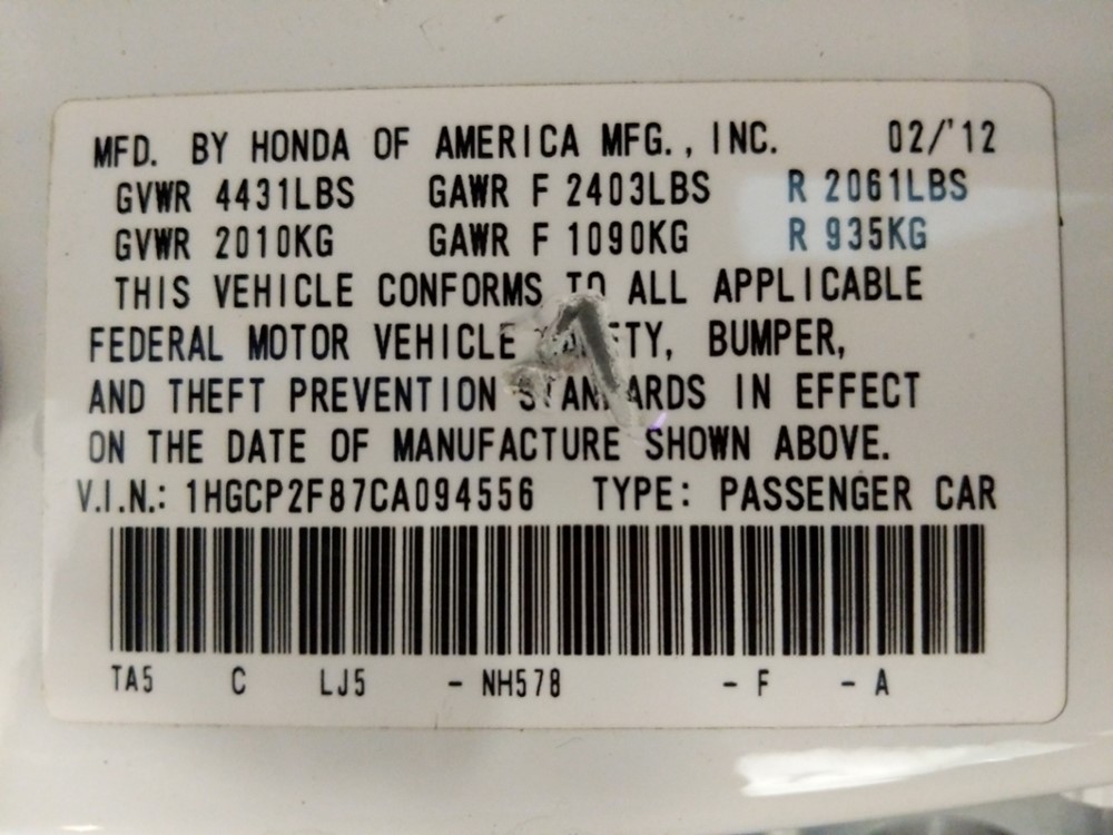 2012 Honda Accord - VIN Plate