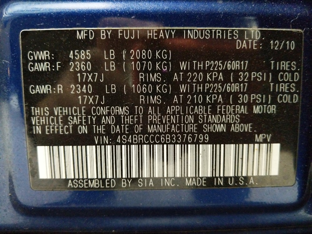 2011 Subaru Outback - VIN Plate