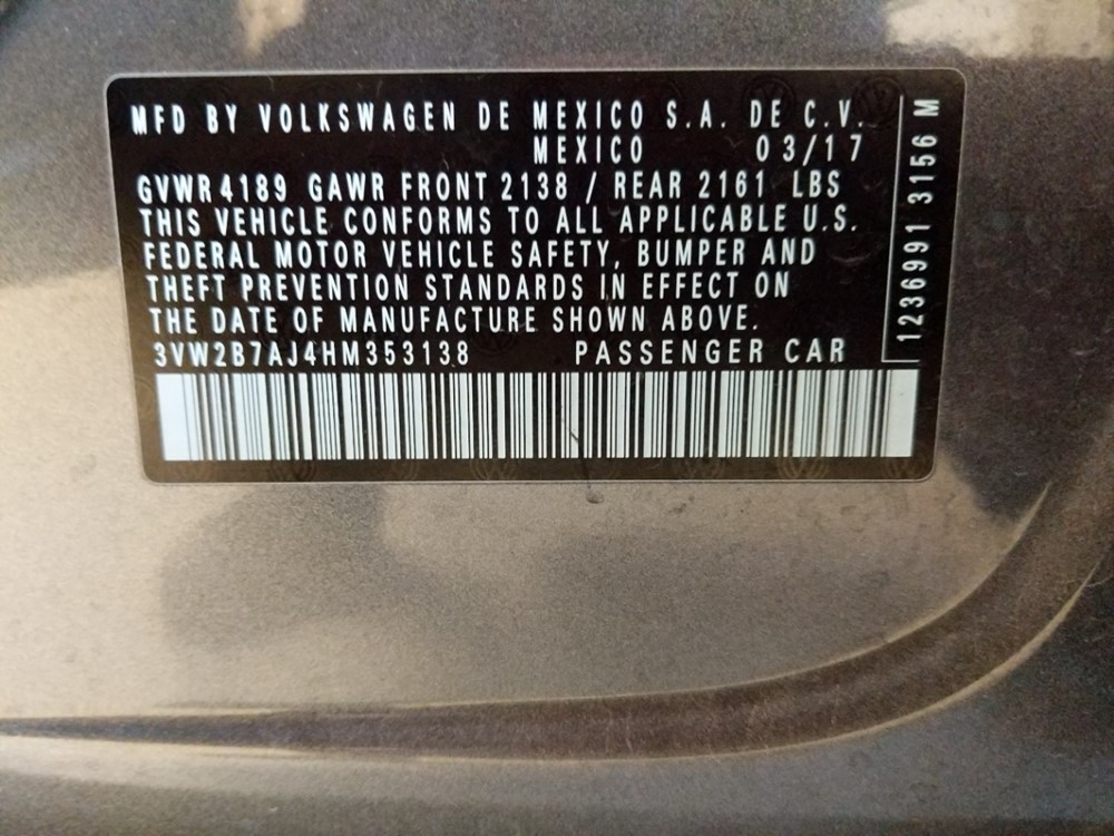 2017 Volkswagen Jetta - VIN Plate