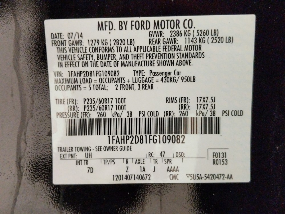 2015 Ford Taurus - VIN Plate