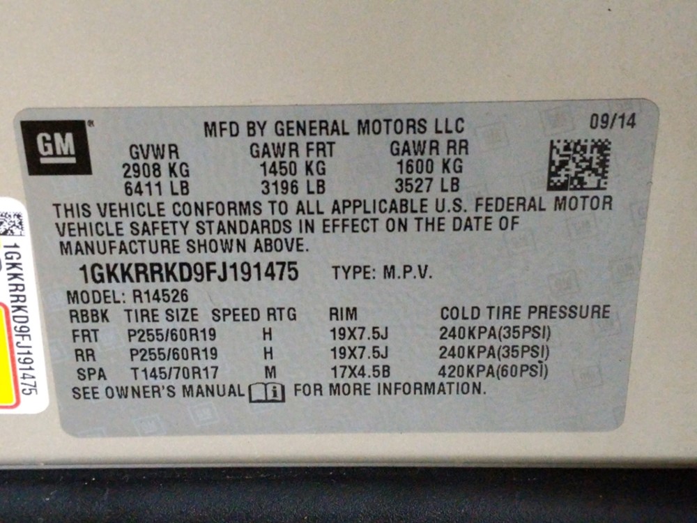 2015 GMC Acadia - VIN Plate