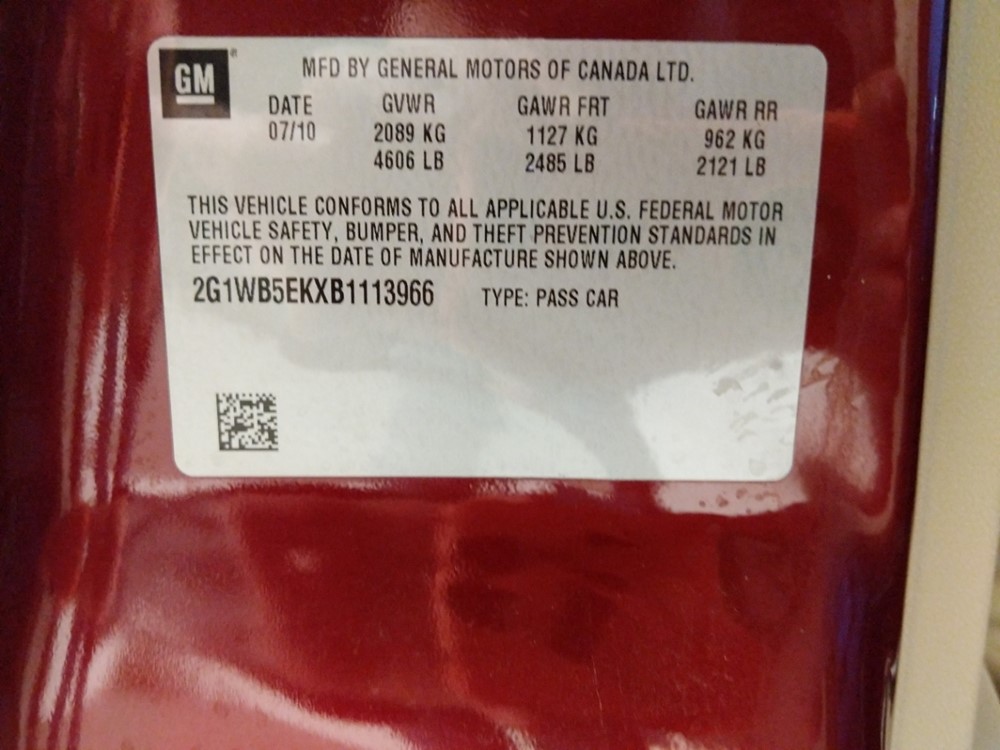 2011 Chevrolet Impala - VIN Plate
