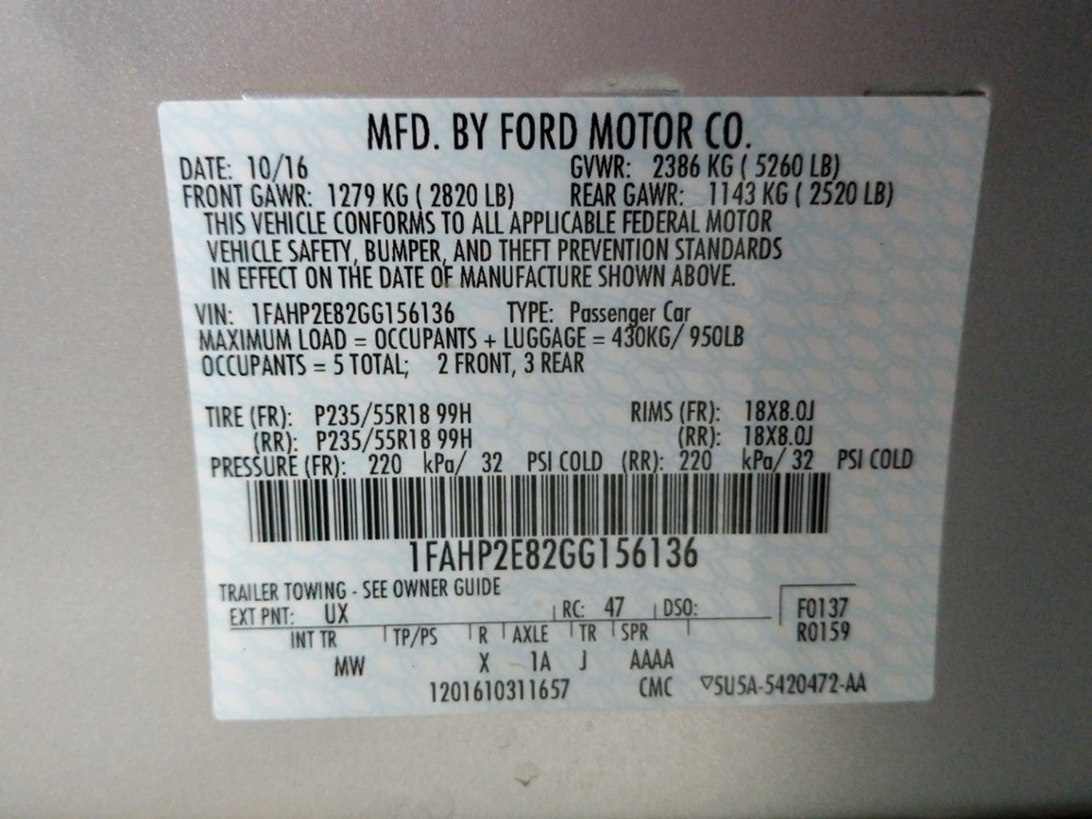 2016 Ford Taurus - VIN Plate