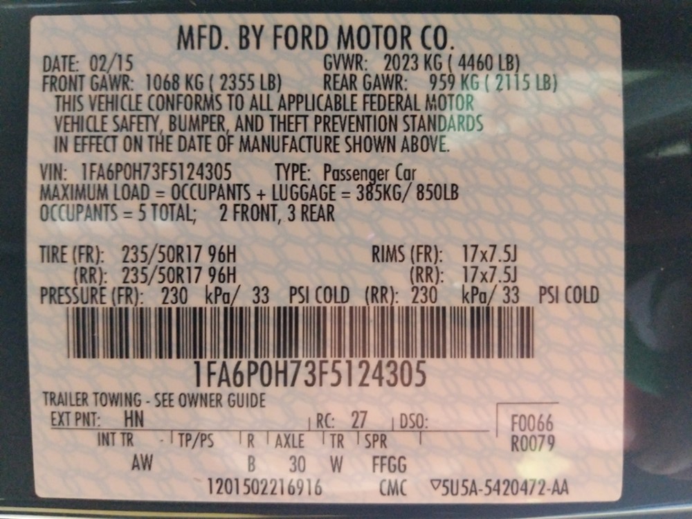 2015 Ford Fusion - VIN Plate