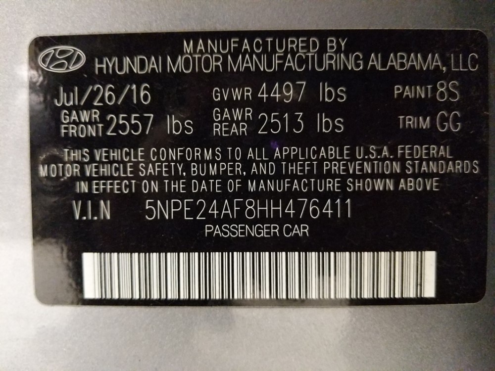2017 Hyundai Sonata - VIN Plate