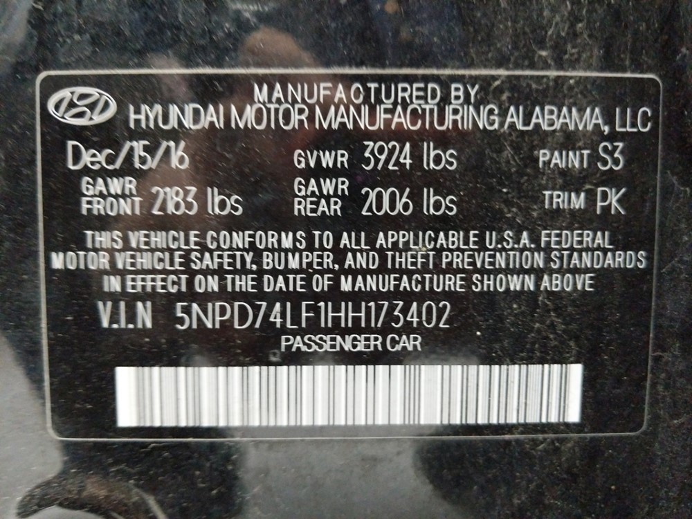 2017 Hyundai Elantra - VIN Plate