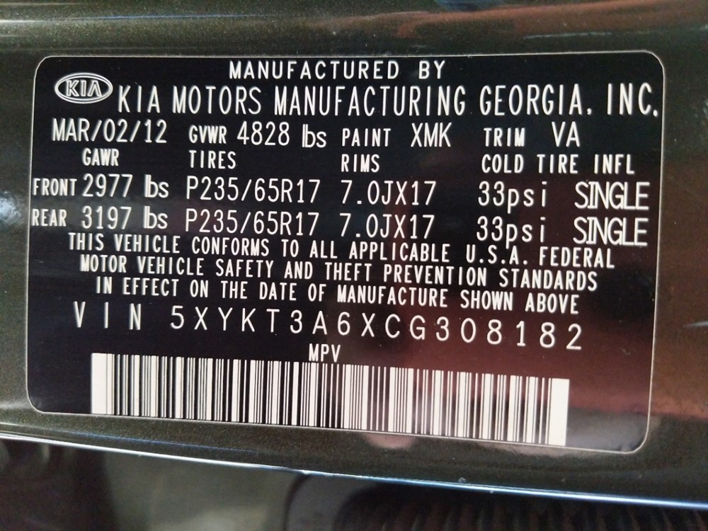 2012 Kia Sorento - VIN Plate