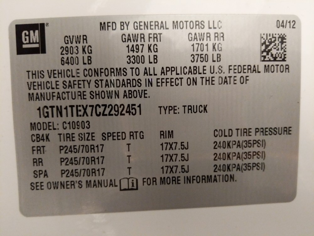 2012 GMC Sierra 1500 - VIN Plate