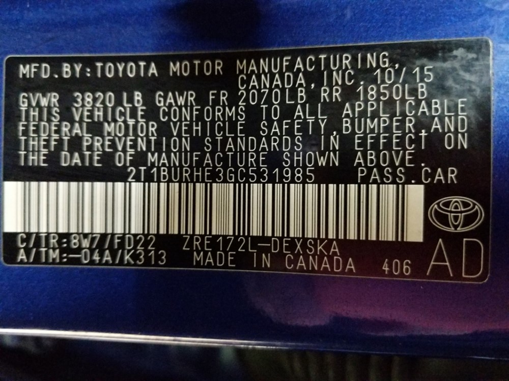 2016 Toyota Corolla - VIN Plate
