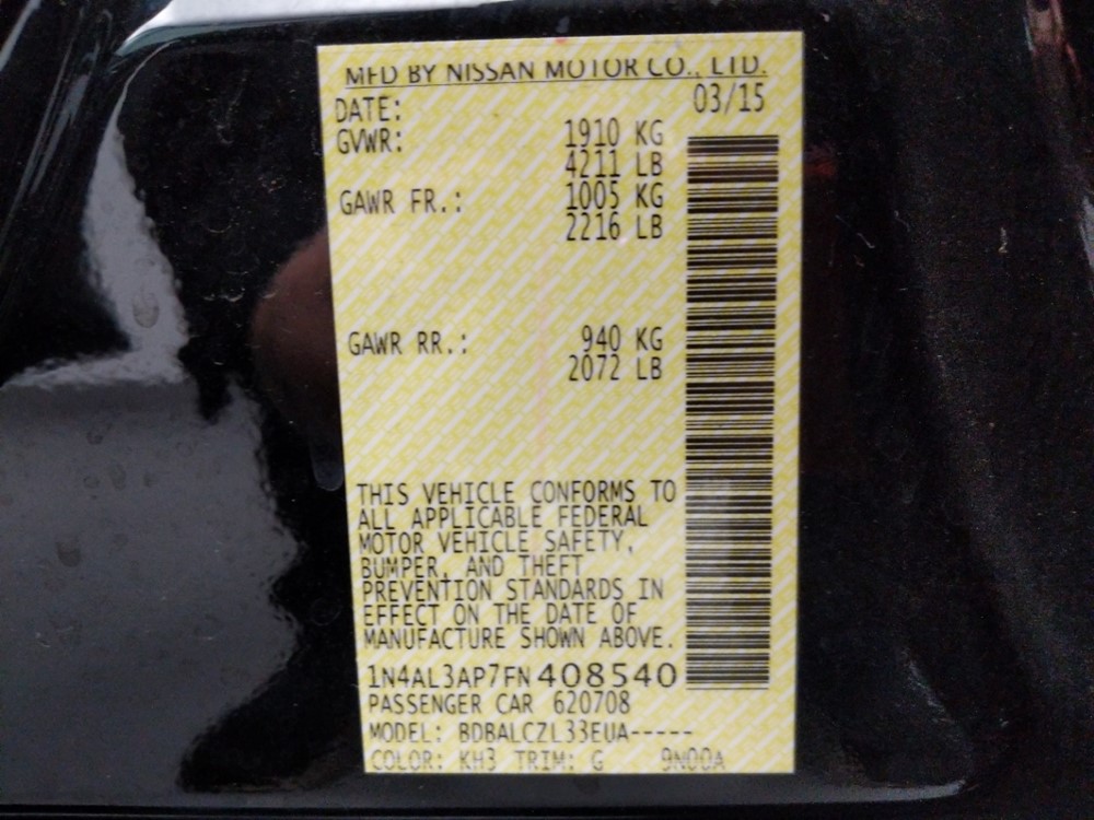 2015 Nissan Altima - VIN Plate
