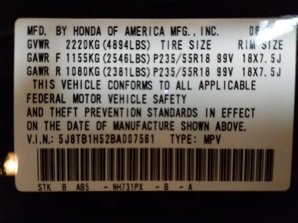 2011 Acura RDX - VIN Plate