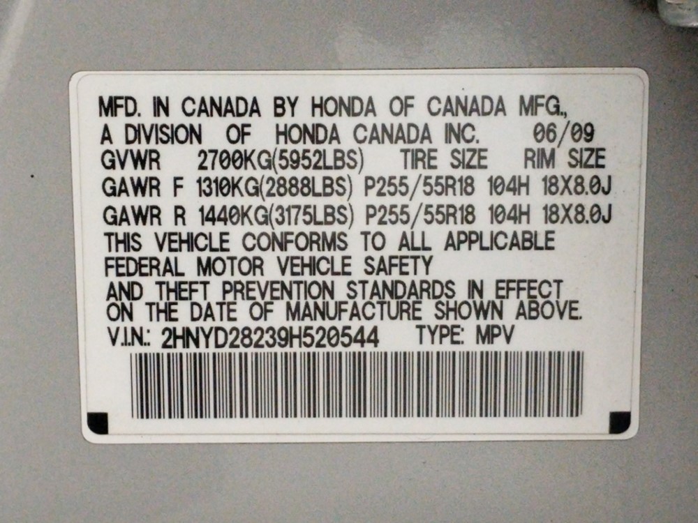 2009 Acura MDX - VIN Plate