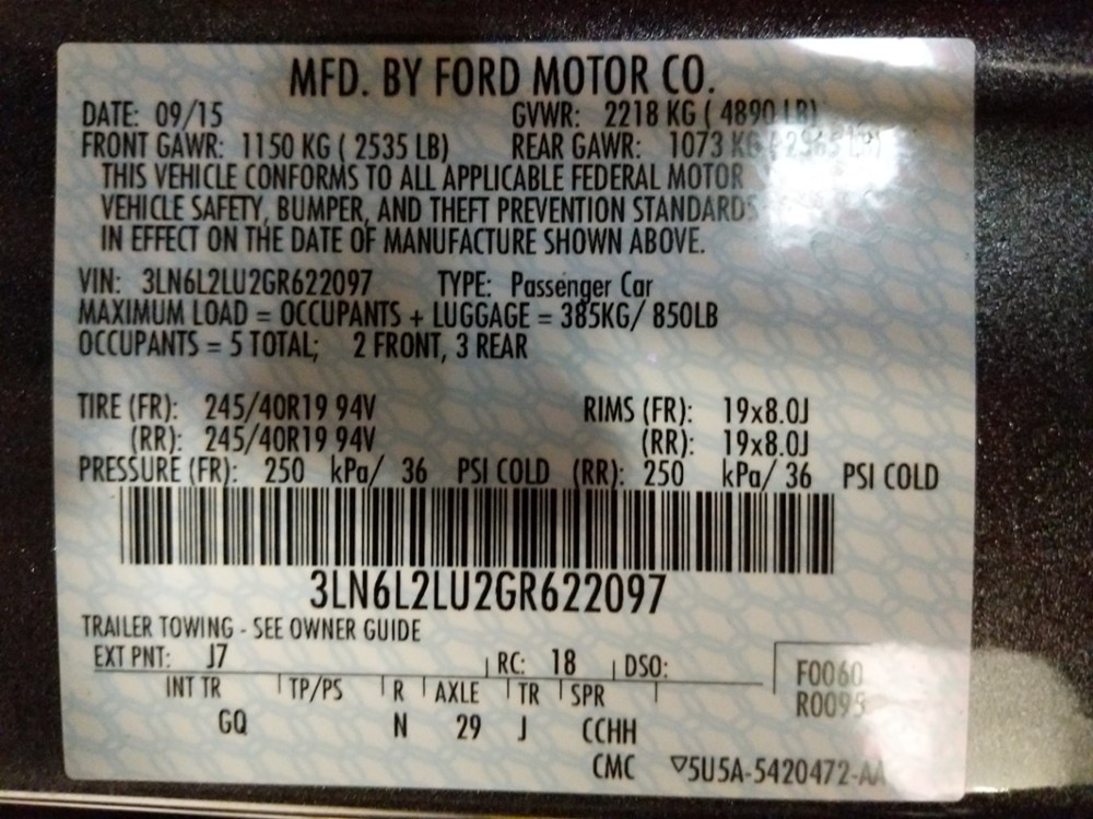 2016 Lincoln MKZ - VIN Plate