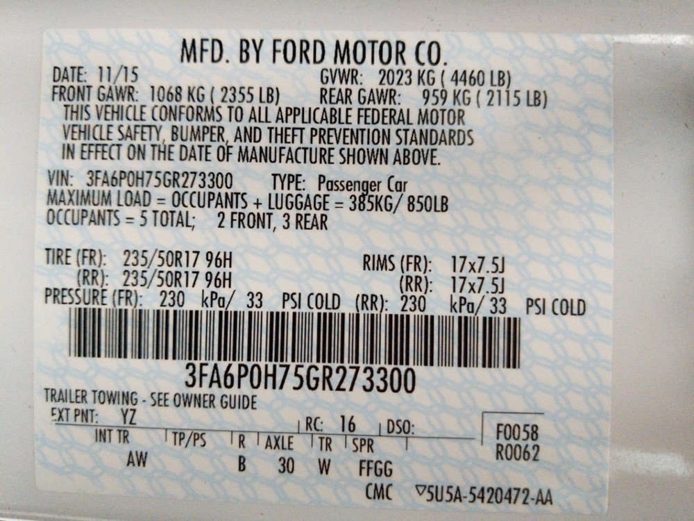 2016 Ford Fusion - VIN Plate