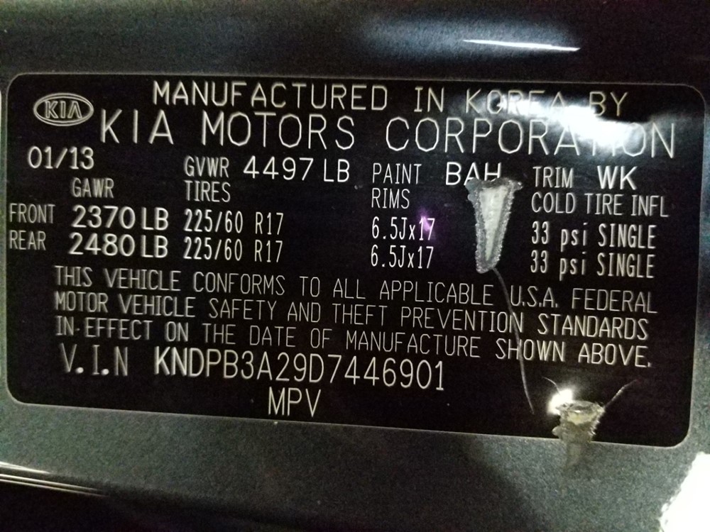 2013 Kia Sportage - VIN Plate