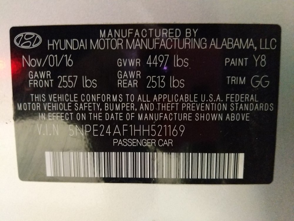 2017 Hyundai Sonata - VIN Plate