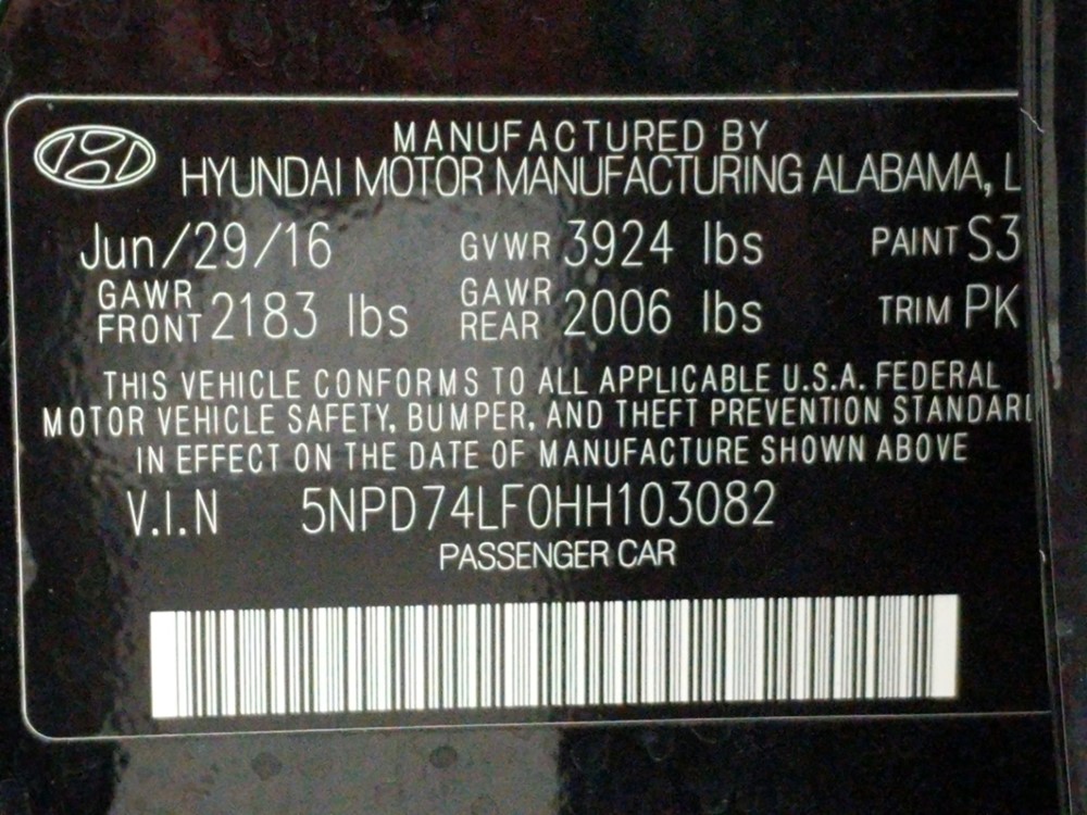 2017 Hyundai Elantra - VIN Plate