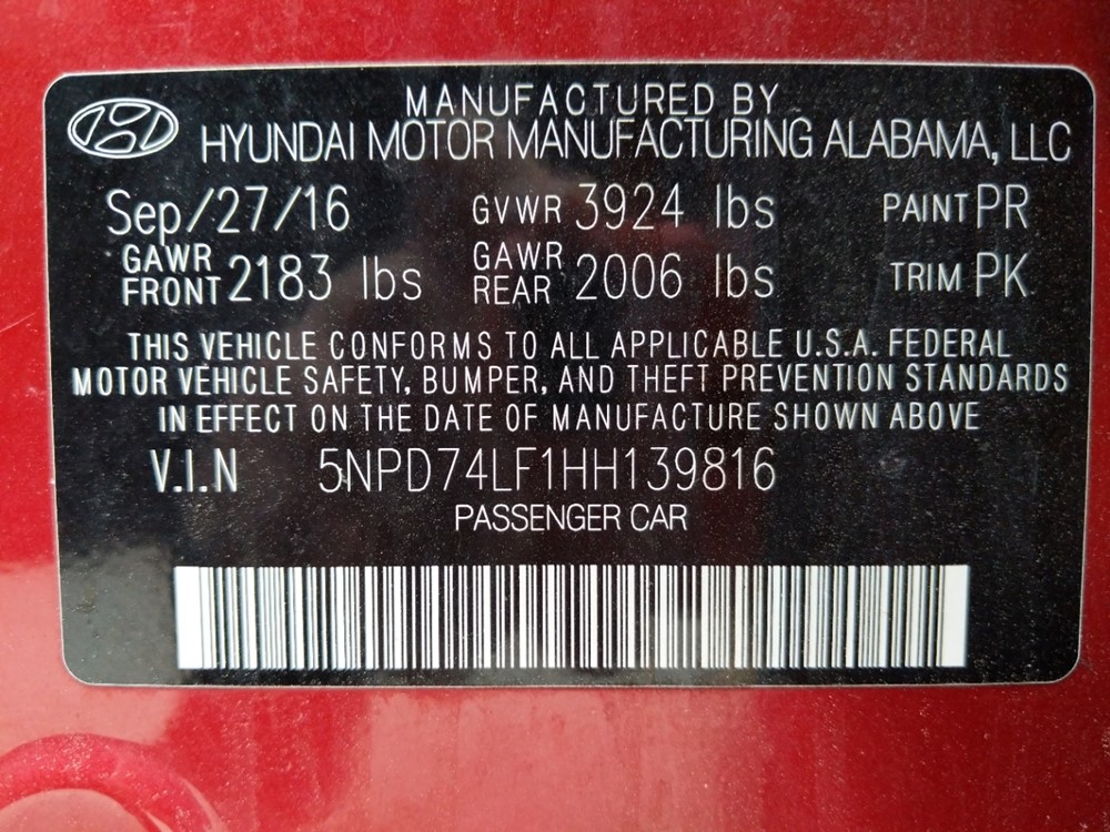 2017 Hyundai Elantra - VIN Plate