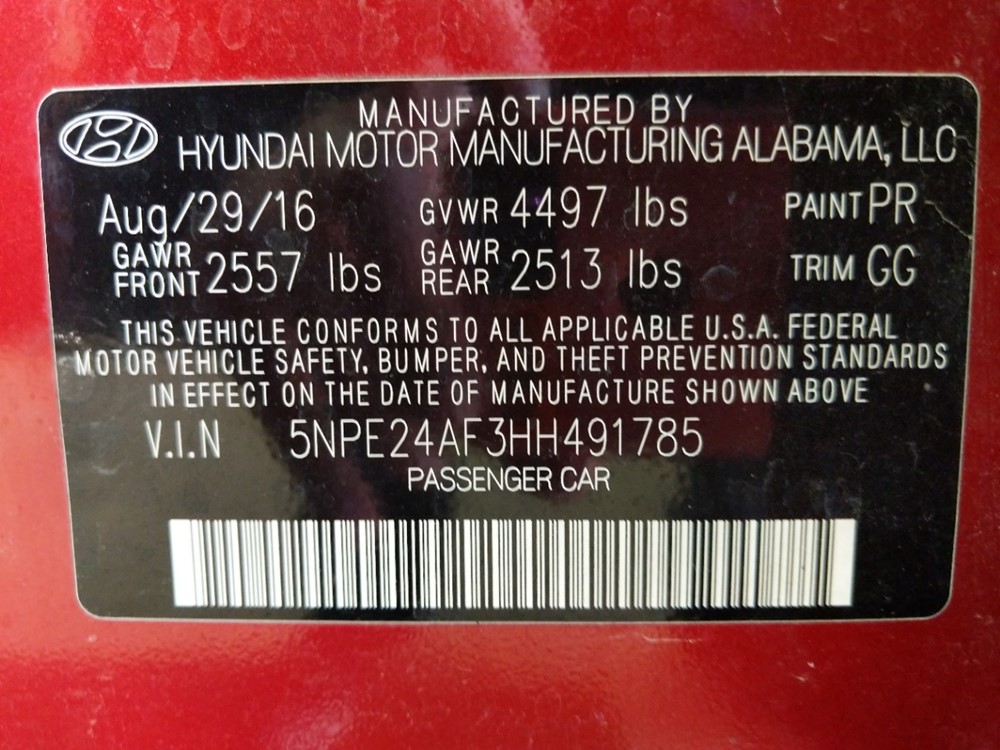 2017 Hyundai Sonata - VIN Plate