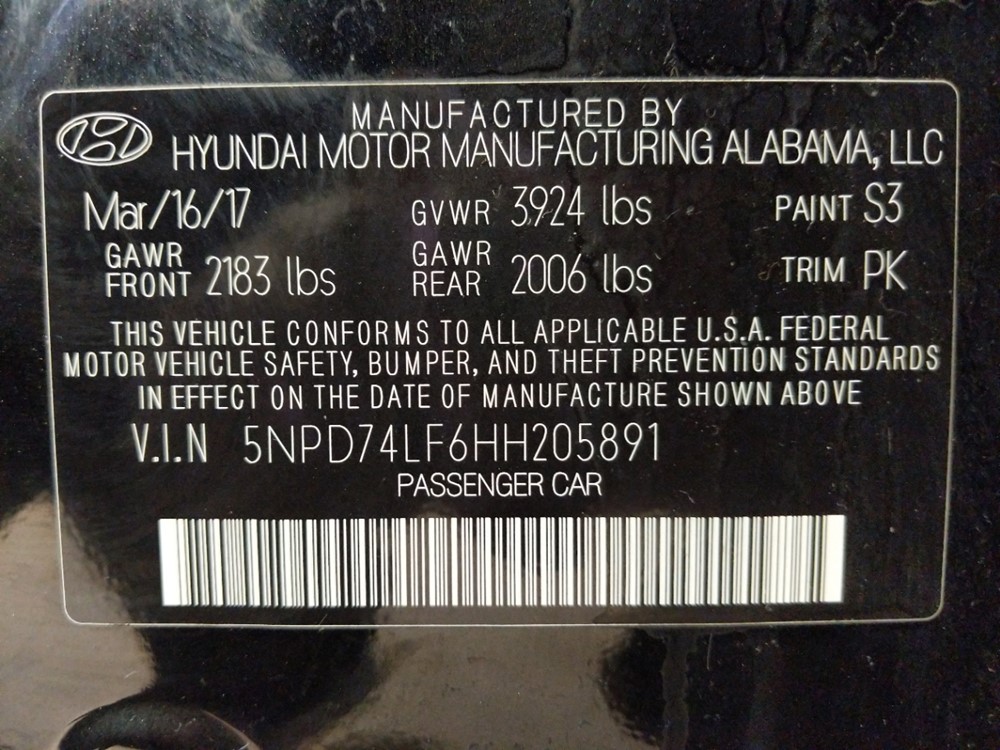 2017 Hyundai Elantra - VIN Plate