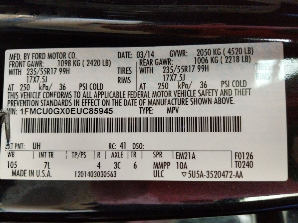 2014 Ford Escape - VIN Plate