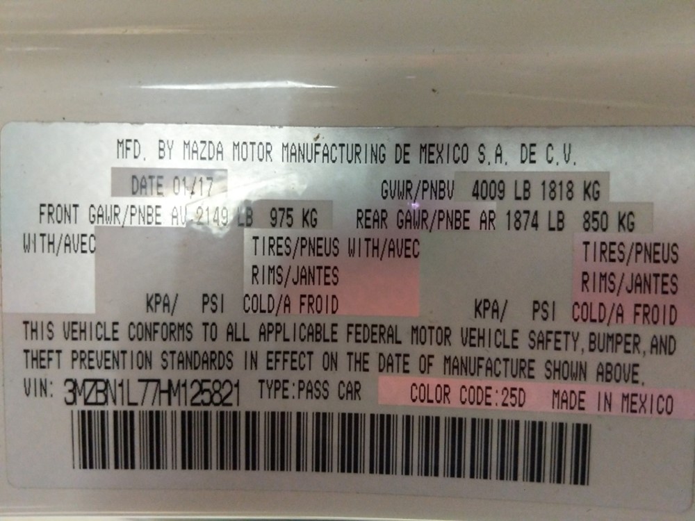 2017 Mazda Mazda3 - VIN Plate