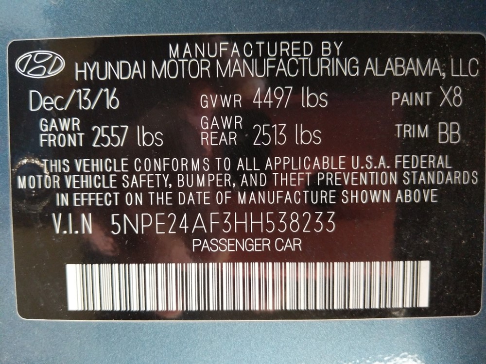 2017 Hyundai Sonata - VIN Plate