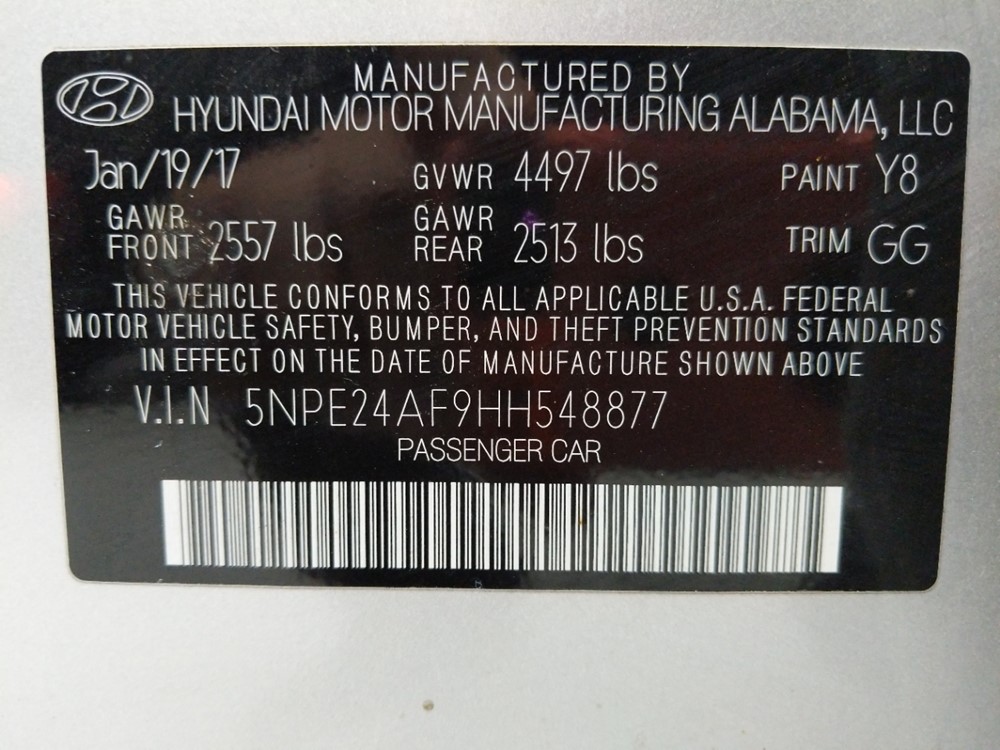 2017 Hyundai Sonata - VIN Plate